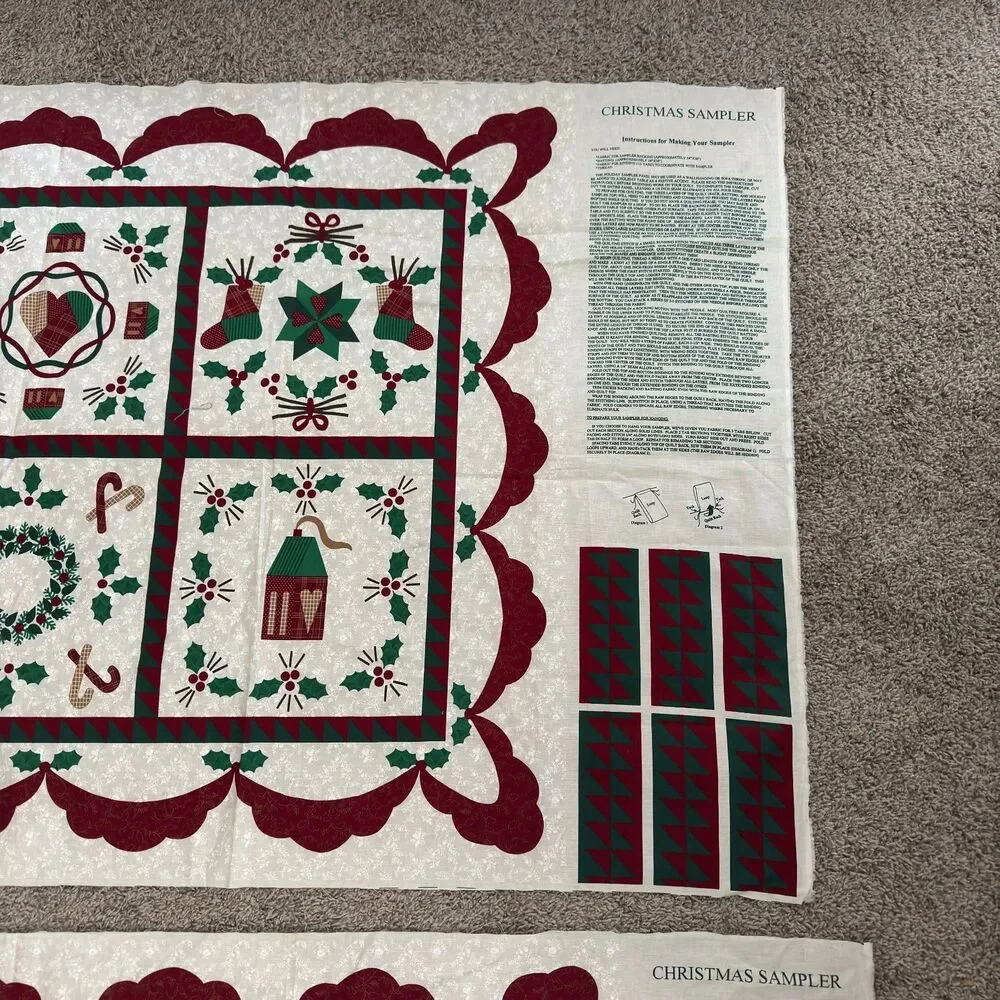 Vtg Wamsutta Christmas Sampler Fabric Panel Cheater Quilt Wall Hanging Uncut 2PC